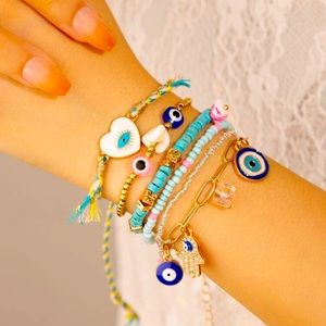 6pcs/set Turquoise Green Glass Beads & Zinc Alloy Design Chain Bracelet Set